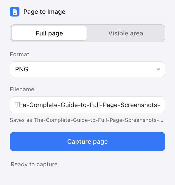 Page to Image popup with Full page mode, PNG format, filename field, and Capture page button