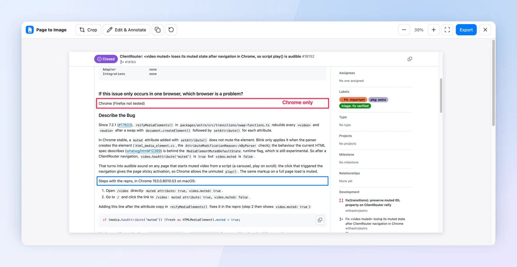 Capture review showing a public GitHub issue in the Astro repository with “Chrome (Firefox not tested)” outlined and labeled “Chrome only” and the reproduction steps outlined in blue