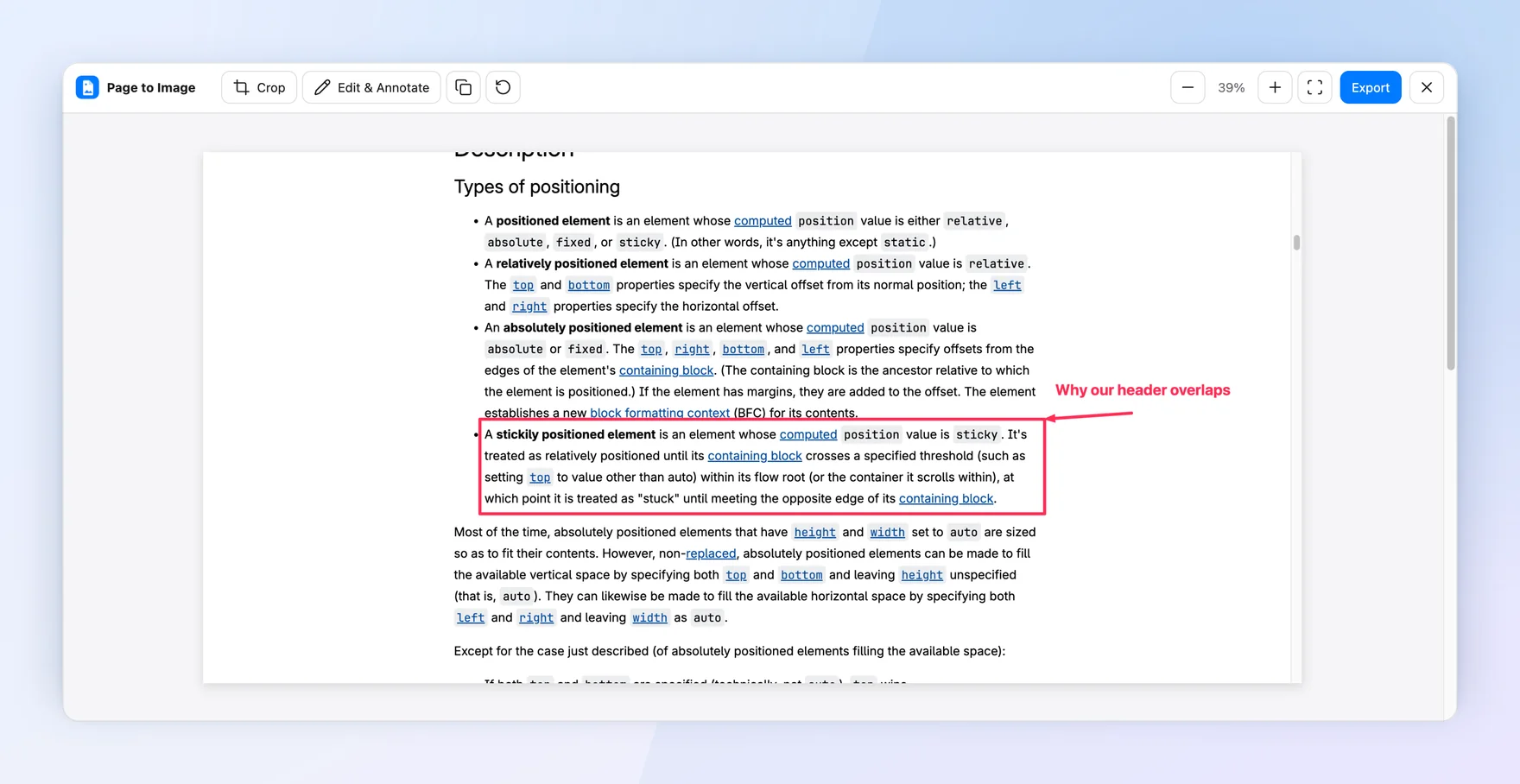 Capture review showing the MDN reference page for the CSS position property with the paragraph about sticky positioning outlined and labeled “Why our header overlaps”