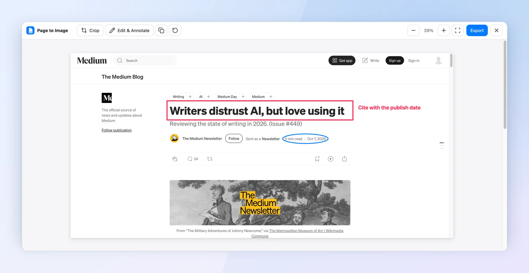 Capture review showing a Medium Blog story with the headline outlined, the read time and date circled, and a note “Cite with the publish date”