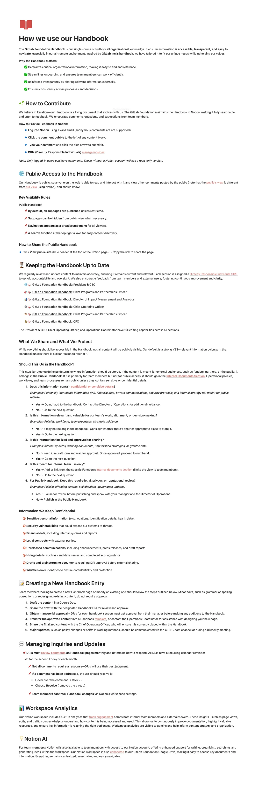A complete capture of the GitLab Foundation handbook page on Notion, from the title to the last section