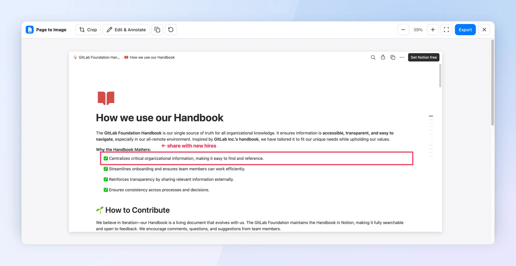 Capture review showing the public GitLab Foundation handbook page on Notion with one checklist item outlined and labeled “share with new hires”