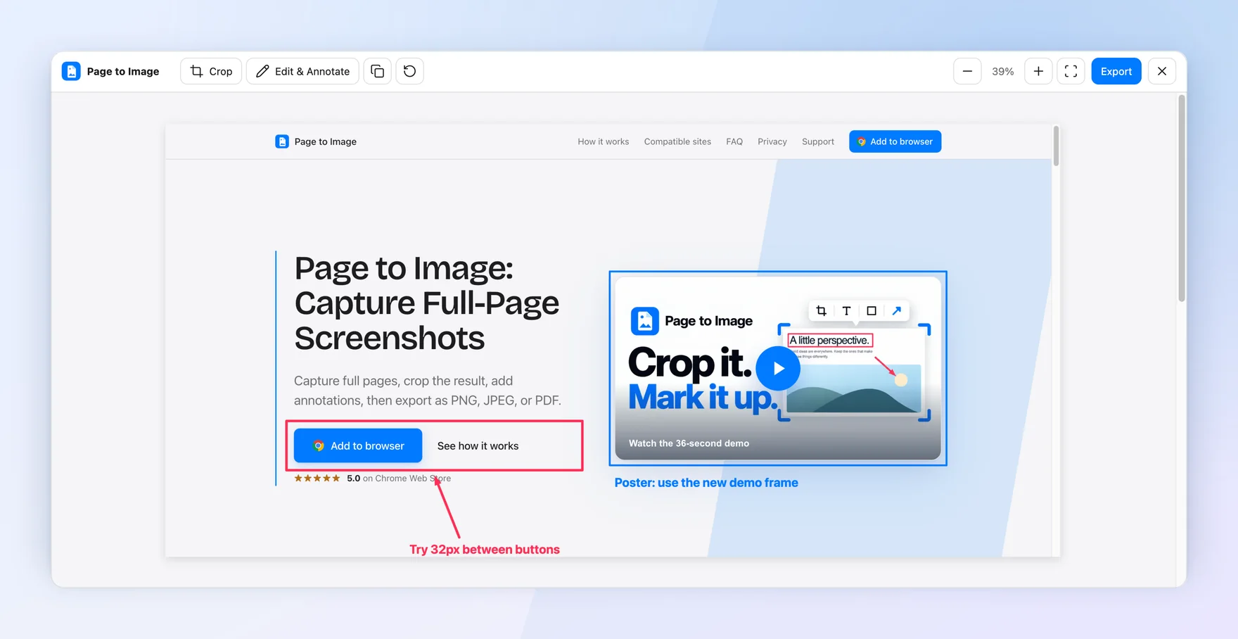 Capture review showing the Page to Image homepage with the hero buttons outlined and a note “Try 32px between buttons”, and the demo video outlined in blue with a note about the poster