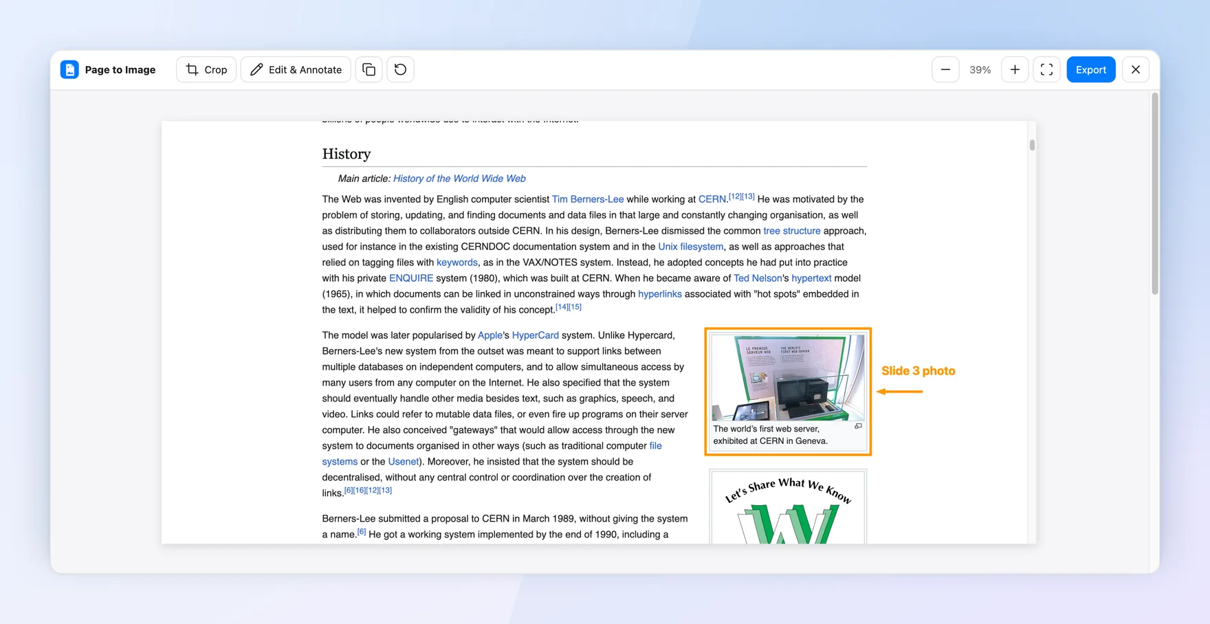 Capture review showing the History section of the Wikipedia article “World Wide Web” with the photo of the first web server outlined and labeled “Slide 3 photo”