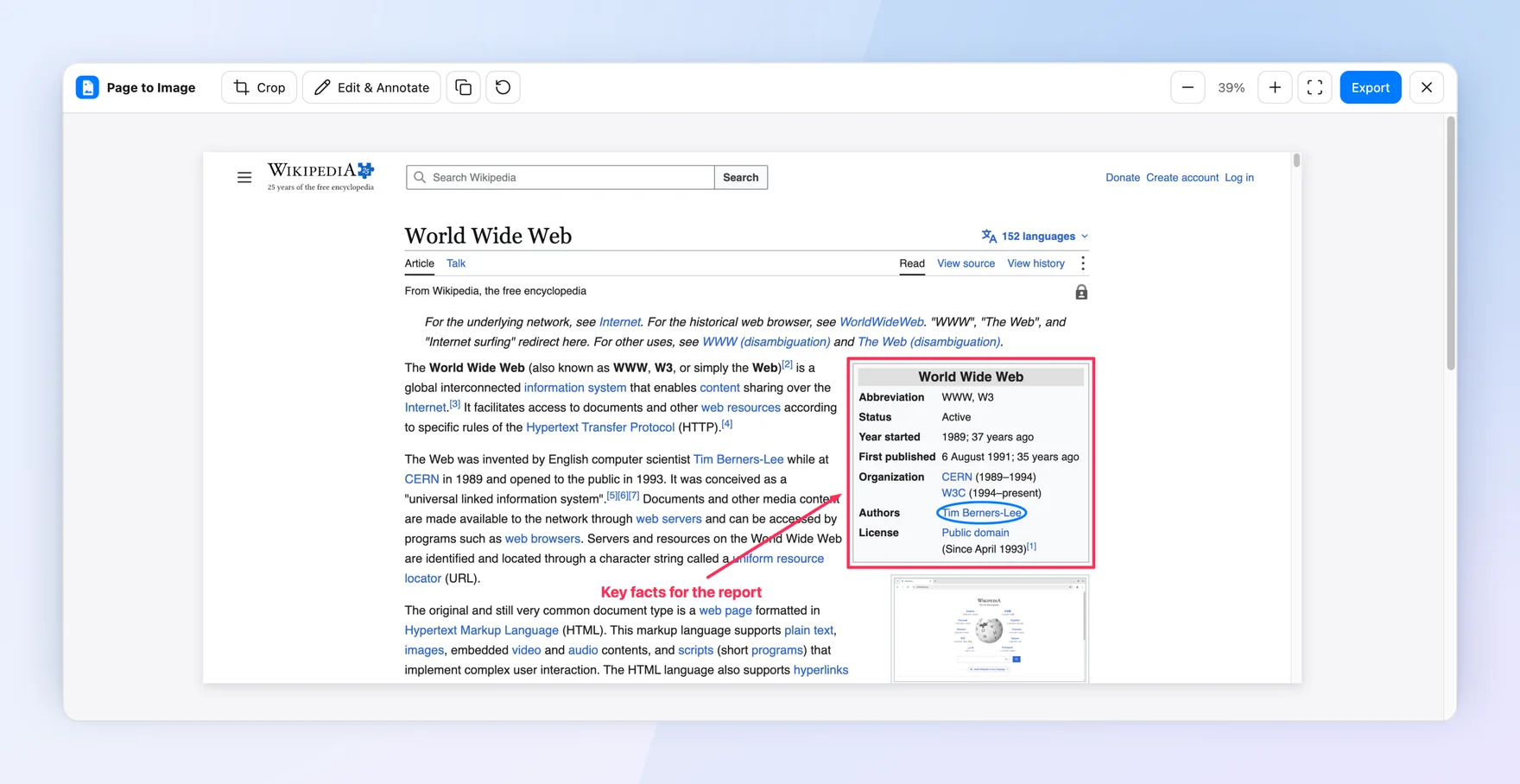 Capture review showing the Wikipedia article “World Wide Web” with its infobox outlined in red, an arrow labeled “Key facts for the report”, and the author link circled